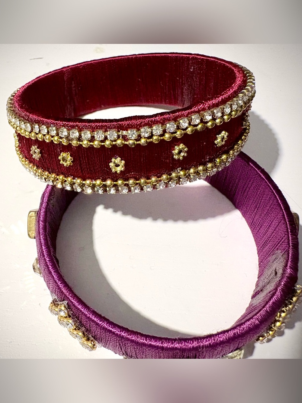 2 Thread-wrapped Bangles with Rhinestone and Gem Details